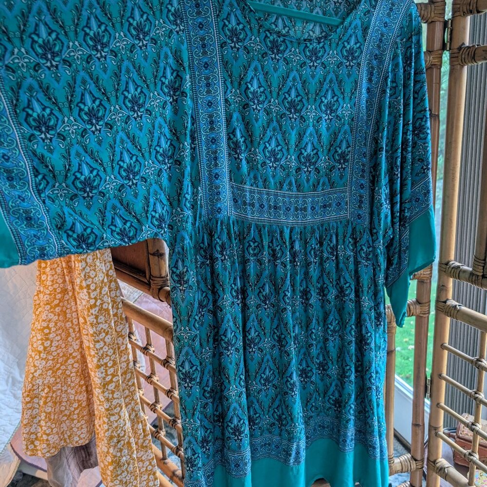 Bright teal patterned rayon dress XL